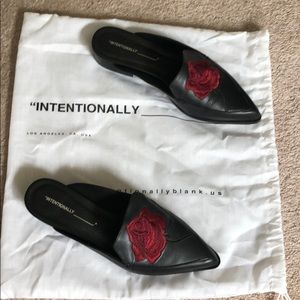 Black Fanning Embroidered Rose Mules